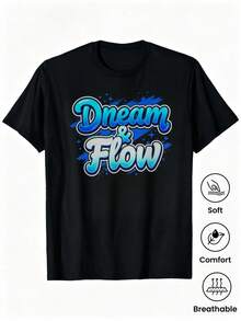 1pc Camisetas para mujer, Camisetas Para Hombre, cuello redondo, estilo urbano juvenil, Dream & Flow, para jóvenes y amantes de la moda casual - Negro - Ver 1