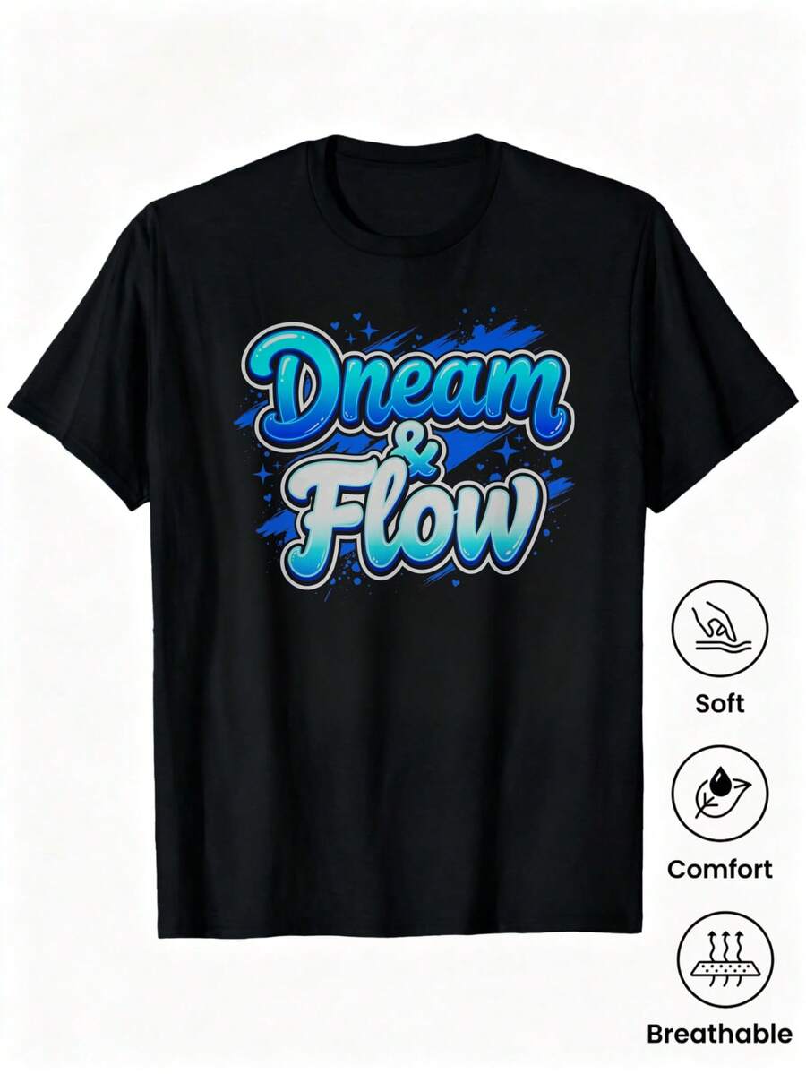 1pc Camisetas para mujer, Camisetas Para Hombre, cuello redondo, estilo urbano juvenil, Dream & Flow, para jóvenes y amantes de la moda casual - Negro - Ver 1