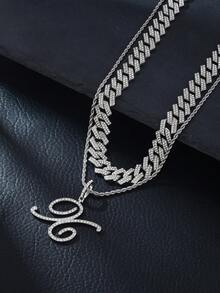 1pc Elegant Shiny Cursive Letter Pendant Necklace, Designed For Men, Combines Fashion And Luxury, Suitable For Parties, Banquets, Holiday Celebrations, Christmas And Other Occasions, Also Can Be Worn As Daily Wear Gift Jewelry, Versatile And Tasteful - Double-layered Hip-hop Letter Necklace - View 15