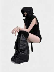 1 Pair Y2K Subculture Black Leather Patchwork Ribbed Hot Girl Style 3D Pocket Tech Stacked Socks And Slim-Fit Leg-Lengthening Leather Leg Warmers - Black - View 2