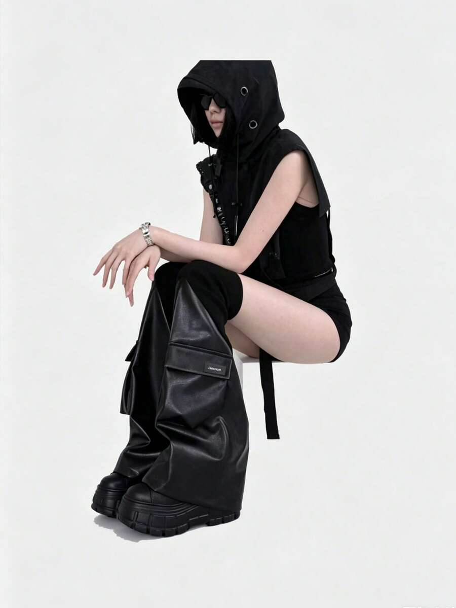 1 Pair Y2K Subculture Black Leather Patchwork Ribbed Hot Girl Style 3D Pocket Tech Stacked Socks And Slim-Fit Leg-Lengthening Leather Leg Warmers