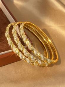 3Pcs Sparkling Cubic Zirconia Twisted Rope Bangle Set For Women, Gold Plated Stackable Open Cuff, Shiny Alternating Design Party Daily Jewelry - Golden Yellow I - View 1