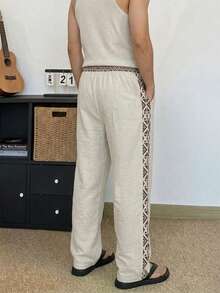 1 pieza Pantalones casuales con bordado retro para adolescentes, pantalones rectos de lino transpirables y holgados, pantalones rectos con cordón de estilo vacacional, primavera/verano - Blanco - Ver 2