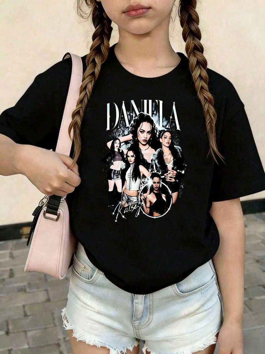 KATSEYE Printed Summer T-Shirts, Vintage Y2K Hip Hop Style, Short Sleeve T-Shirt, Summer Clothes For Girls, Toddler Girls' Clothes, Teen Clothes, Kids' Clothes - 紅白色 - 查看 1