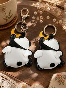 1Pc Kawaii Panda Keychain, Cute PU Leather Charm Pendant With Angel Wing & Moon, Y2K Coquette Aesthetic Keyring For Backpack Car, Gift For Her - Multicolor - View 1