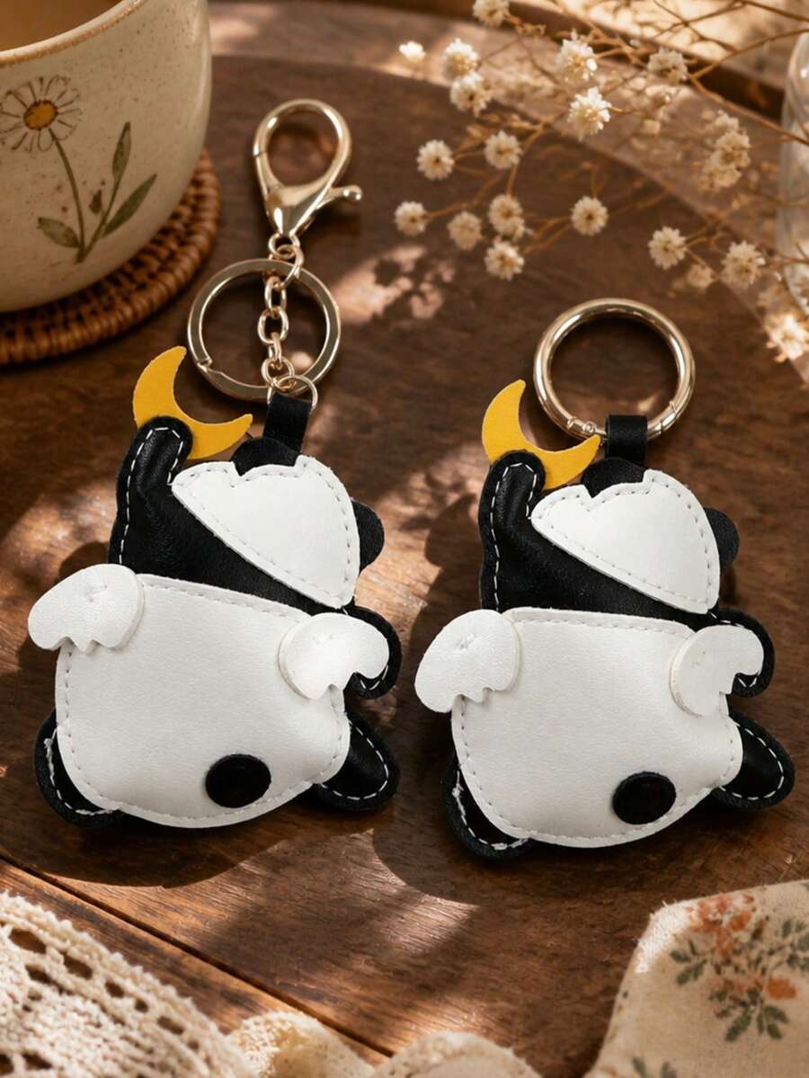 1Pc Kawaii Panda Keychain, Cute PU Leather Charm Pendant With Angel Wing & Moon, Y2K Coquette Aesthetic Keyring For Backpack Car, Gift For Her - Multicolor - View 1