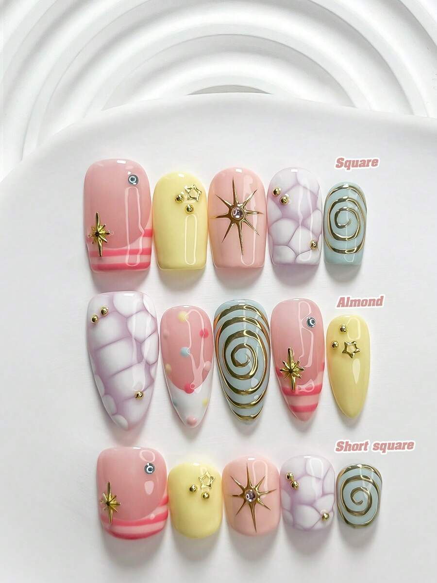 10件甜美風手工穿戴甲,波點螺旋條紋 Poly Gel 美甲套組,白粉黃藍色系,鮮豔風格,附美甲工具,3種尺寸可選,方型/短方型/杏仁形,適合派對、跳舞、日常配戴 - 彩色 - 查看 1