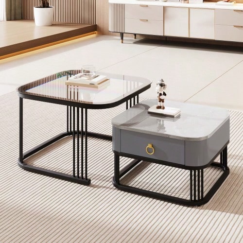 Stackable Coffee Table: High-Gloss Marble Look And Glass Top, Black Legs, Side Table With Drawers In A Set Of 2 - 黑色 - 查看 1