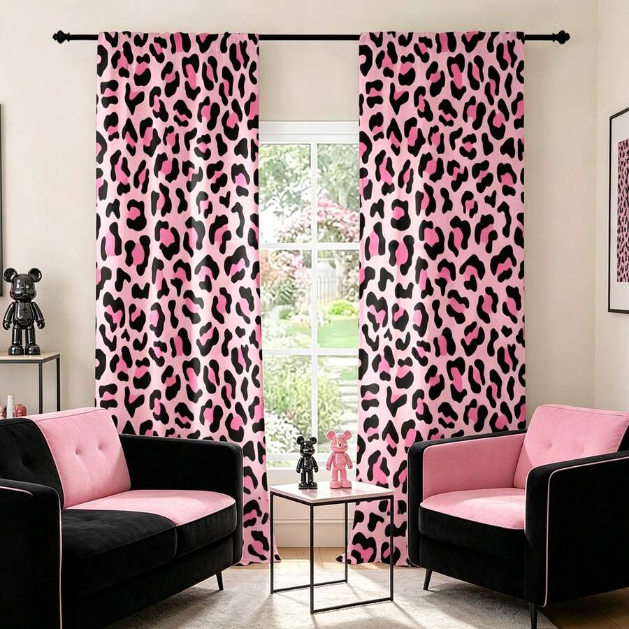 2pcs Purple Pink Leopard Print Lightweight Semi-Sheer Curtains, 90GSM Semi-Sheer Privacy Protection, Rod Pocket Installation, Quick Dry Fade-Resistant, Lightweight Washable, Suitable For Home, Room, Kitchen Decor And Space Partition