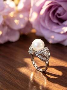 1pc Silver Crown Shaped Cocktail Ring, Inlaid With Rectangular And Round Pave Cubic Zirconia And White Faux Pearls, Suitable For Wedding Party, No Packaging Box - White - View 4