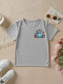 Fashionable Short-Sleeved T-Shirt For Boys 'American Independence Day' 'ALL AMERICA BOY' With Plaid Elements And Double-Sided Cartoon Print, Casual Outdoor Top - 灰色 - 查看 2