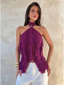 Women's Purple Chiffon Halter Top, With Metal Clasp And Multiple Ruffles, Sheer Backless Blouse For Parties And Date Nights - 深洋紅色 - 查看 3
