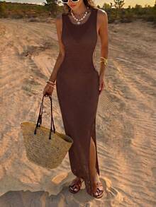 Women's Summer 2026 New Bohemian Sexy Hollow Out Casual Sheer Sleeveless Slim Fit Flattering Backless Design Long Dress Vacation Beach - Chocolate Brown - View 6