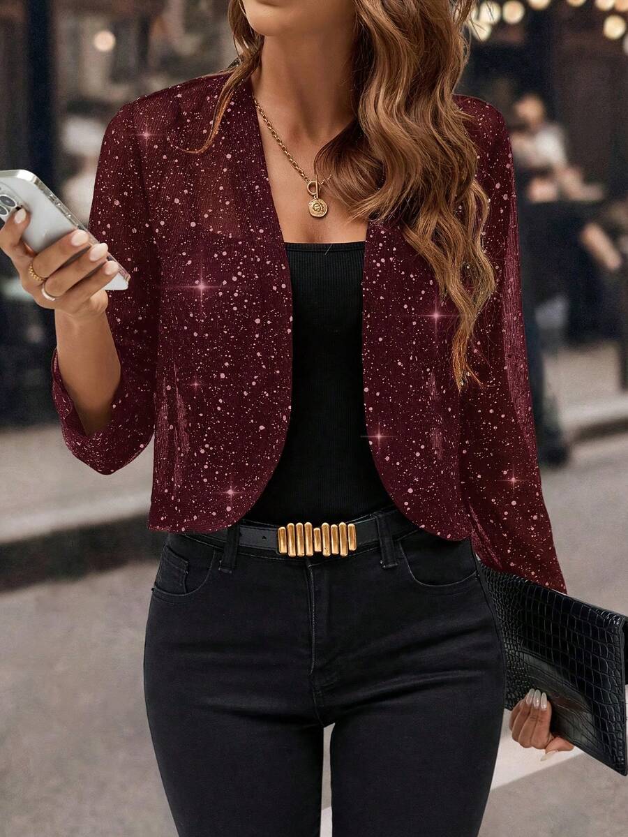 Women's Glitter Sequin Cardigan Jacket, Pleated Fabric With Gold Foil, 3/4 Sleeves, Business Casual For Women - 酒紅色 - 查看 1