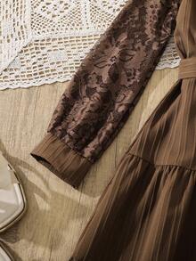 Left Mama Girls Elegant Vintage Floral Mesh Long Sleeve Dress, Spring/Autumn Pastoral Style - Brown - View 6