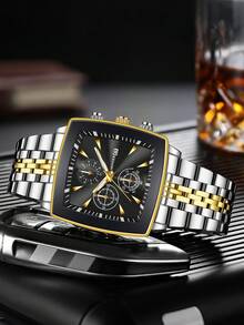 Reloj de pulsera clásico de moda para hombre con esfera cuadrada de tres ojos y calendario, elegante reloj de cuarzo (1 pieza/set), caja de reloj no incluida - Negro - Ver 5