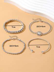 VKME Juego de 4 pulseras de cadena de metal con circonita y cadena trenzada - Plateado - Ver 5