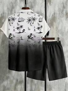 Conjunto de camisa con cuello y estampado de palmeras 3D para hombre, manga corta, pantalones cortos con bolsillo y cordón, suelto y cómodo, ideal para primavera/verano. - Negro - Ver 3
