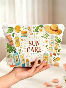 New Sun Protection Theme Large Capacity Lightweight Zippered Makeup Bag, Beach Bag, Fresh Hand-Drawn Sun And Sunscreen Design, Summer Sun Care Storage Gift, Zippered Travel Organizer Bag, Lightweight Fade-Resistant Makeup Toiletry Bag Suitable For Women And Men, Easy-To-Clean Design, Suitable For Mothers, Teachers, Friends, Nurses Makeup Bag, School Vacation Holiday Back-To-School Supplies Toiletry Bag, Essential Travel Makeup Bag - Multicolor - View 2