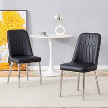 2 Piece Set Modern White Dining Chairs With White PU Leather Backrest And Black Metal Legs, - Black - View 2