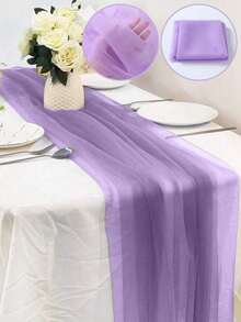 1pc/2pcs 2m Solid Light Purple Yarn Table Runner, Mesh Arch Wedding Arch Fabric Tablecloth, Birthday Party Tablecloth Decoration, Valentine's Day Background Decoration, Polyester Romantic Party Wedding Tablecloth Decoration - Purple - View 3