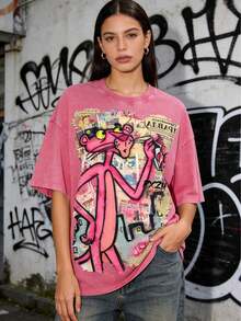 Vintage Acid Wash Pink Oversized T-Shirt, Retro Comic Newspaper Collage Graffiti Spray Paint Graphic Loose Fit 230g Heavyweight Men's Washed Tee - 髒髒洗玫紅色 - 查看 2