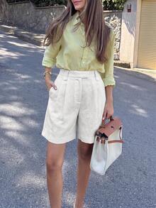 Women's High Waist Straight Loose Wide Leg Shorts, Ivory White, Fashionable And Elegant Summer - White - View 6