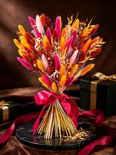 78pcs Orange, Pink And Red Artificial Fluffy Rabbit Tail Grass And Leaf Bouquet, Suitable For Wedding Centerpieces, Autumn/Winter Home And All-Season Outdoor, Thanksgiving, Halloween, Christmas Decoration - Low Maintenance Faux Flowers