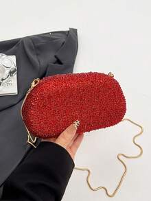 Women's Rhinestone Rounded Rectangular Evening Clutch Bag, Curved Oval Front Handle Handbag, Fashionable Crossbody Bag, Suitable For Wedding, Ball, Valentine's Day Party - Red - View 6