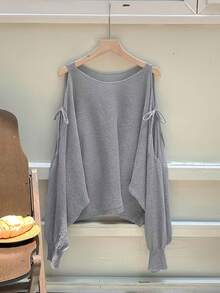 European Style Batwing Sleeve Sweater For Spring/Summer, Loose Top With V-Neck And Lantern Sleeves. - Silvery Grey - View 2