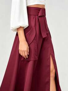 Autumn/Winter Workwear High Waist Slimming Versatile Mid-Length Solid Color Elegant Design Umbrella Skirt Women's Burgundy Flared Skirt With Pockets And Ruffle Details - Burgundy - View 3
