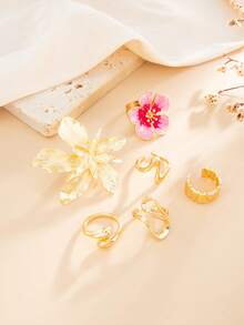 6pcs/Set Bohemian Ocean Style Asymmetrical Flower Oil Drop Rings Set, Women's Jewelry Accessories - Gold - View 8