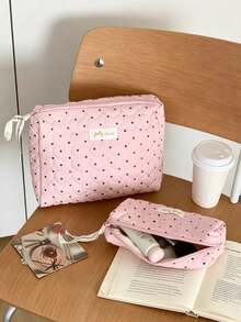 Cute Heart Quilted Pink Polka Dot Makeup Bag Soft Cotton Travel Cosmetic Organizer Bag With Handle, Large Capacity Toiletry Wash Bag Pencil Case - Pink - View 16