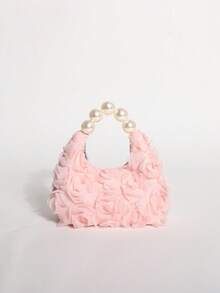 3D stereoskopische Rosenblumen Hobo-Tasche, Premium Perlen-bestickte Handtasche, süßer Stil Damen-Tragetasche, rosa Mesh-Jacquard elegante Handtasche - Pink - Übersicht 5