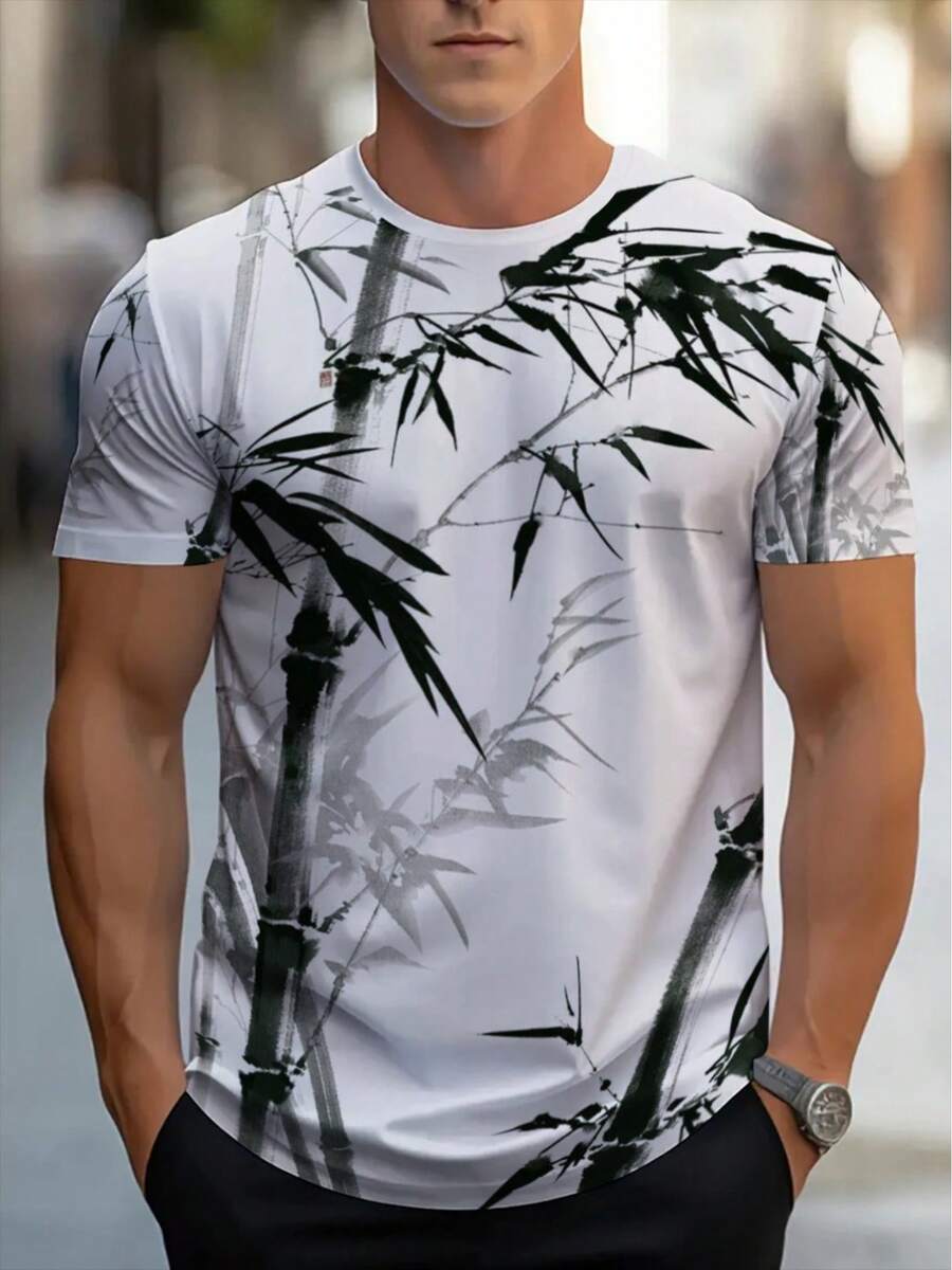 Men's Bamboo Rayon Print T-Shirt - Quick-Drying And Breathable Full-Body Bamboo Rayon Design, Lightweight Polyester Crew Neck T-Shirt Suitable For E - Hitam - View 1