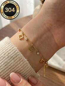 Znice 2026 New Stainless Steel 18K Gold Plated Bracelet & Bangle Set, Stackable Or Wear Individually, Fashion Jewelry, Sparkling Bracelet, Flower Bangle, Full Rhinestone Bracelet Set, Suitable For Party And Daily Wear, High-End Exquisite Gift For Mother And Daughter - Gold - View 4