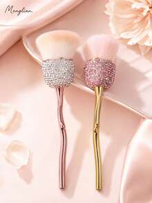1 pieza Brocha de maquillaje con abanico de strass, brocha suave y esponjosa para polvo & iluminador con mango brillante, brocha facial para rubor, bronceador, fijación & maquillaje de viaje de verano - Multicolor - Ver 2