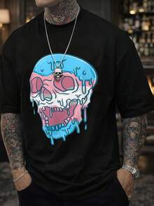 Camiseta casual para hombre con diseño de calavera goteando agua, talla extra grande para primavera y verano. - Negro - Ver 1