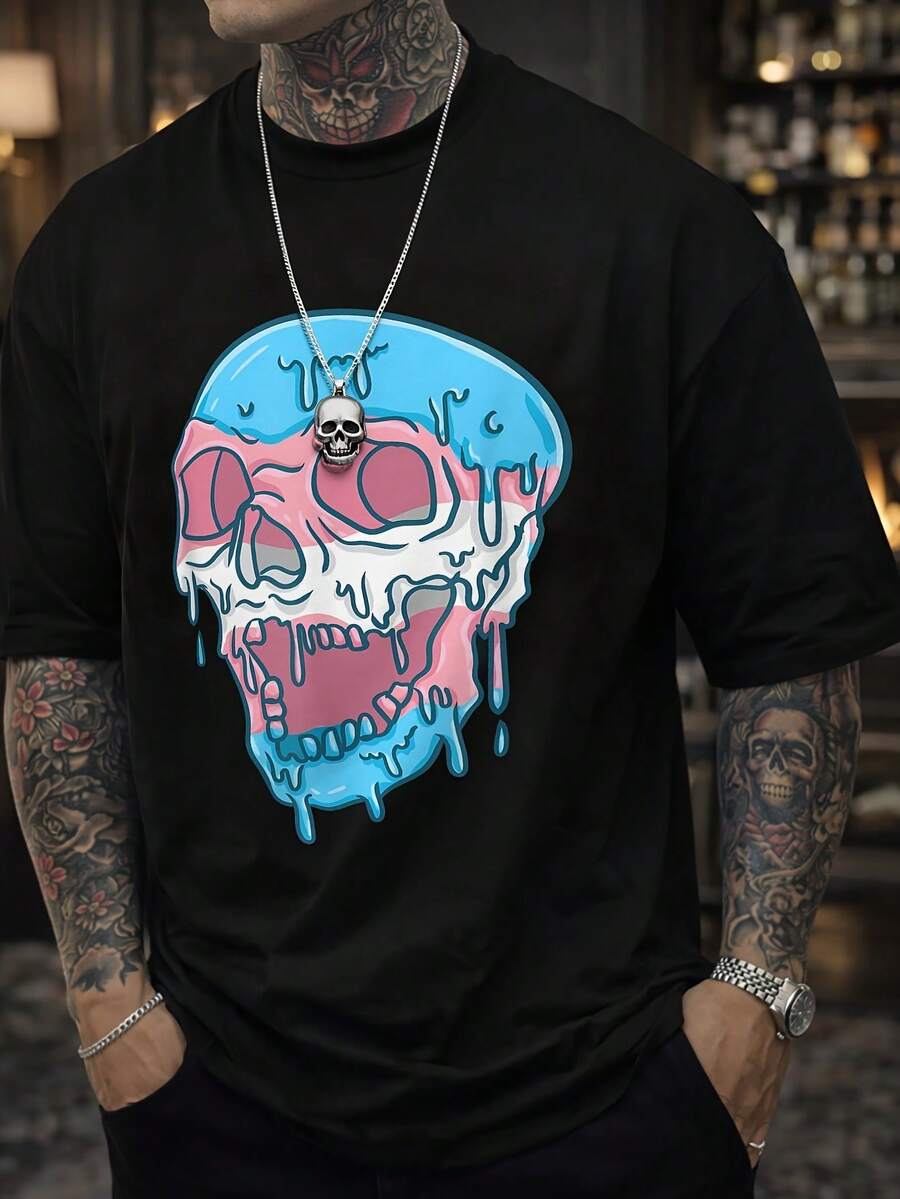 Camiseta casual para hombre con diseño de calavera goteando agua, talla extra grande para primavera y verano. - Negro - Ver 1