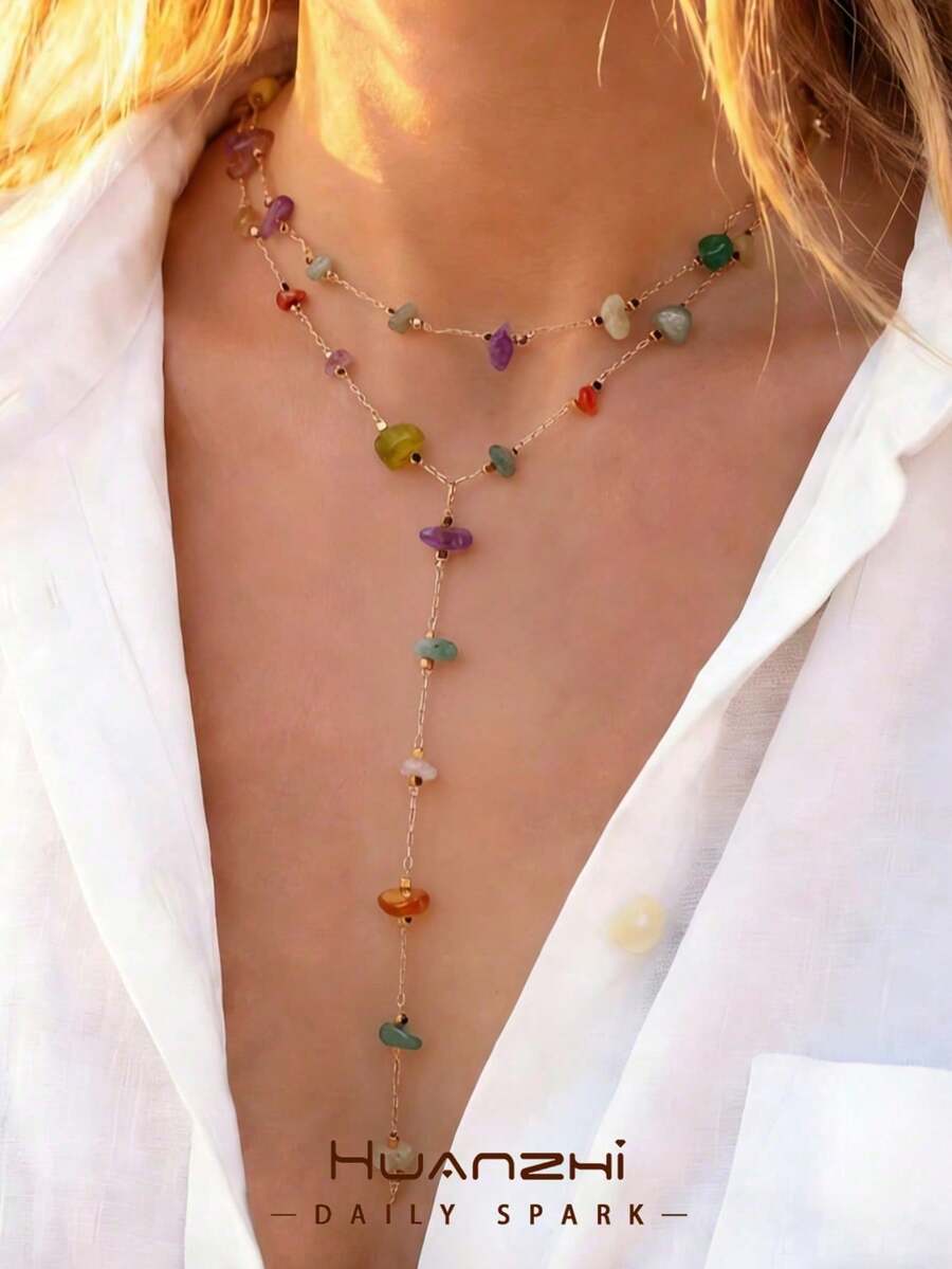 1 Two-Piece Set Of Double-Layer Y-Shaped Necklaces With Colorful Natural Stones In A Bohemian Style, A Versatile Accessory For Everyday Wear And Beach Vacations, With Color Combinations - Showy - View 1