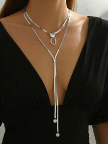 Minimalist Summer Necklace For Women, Double-Layer Y-Shaped, Personalized And Fashionable Snake Bone Chain, Asymmetrical Heart Pendant With Geometric Disc Texture, C - 銀色 - 查看 1