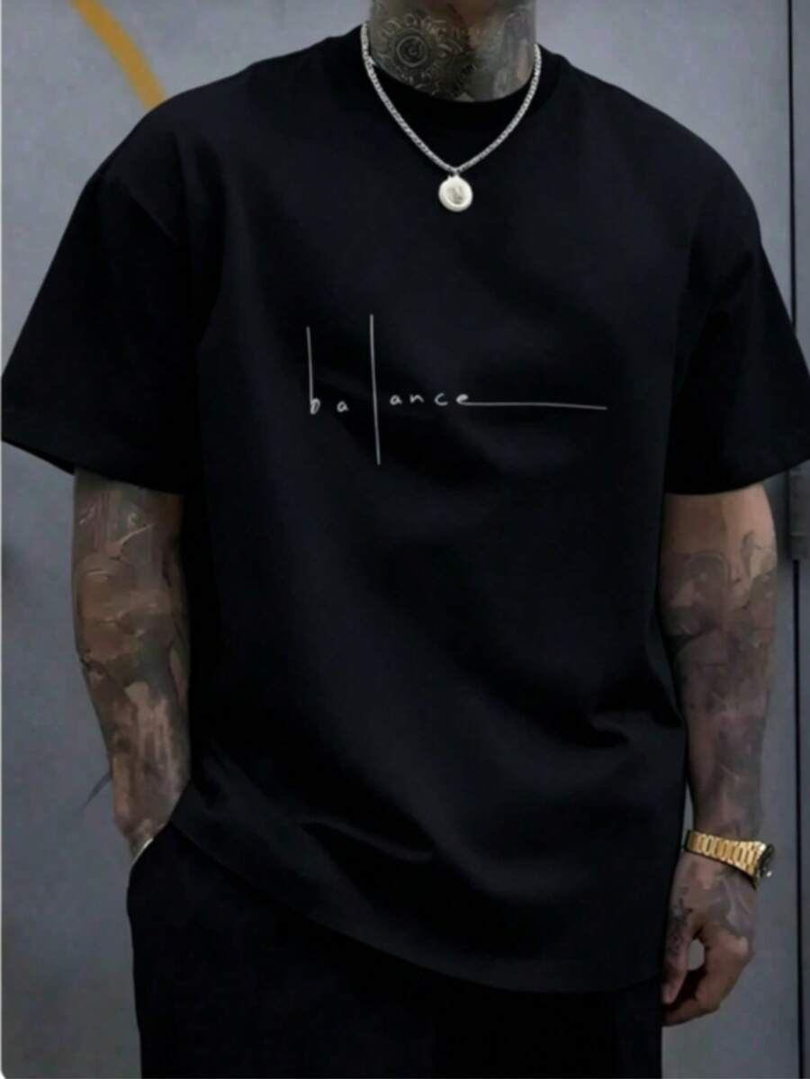 Camiseta casual de manga corta con cuello redondo y estampado de letras para - Negro - Ver 1