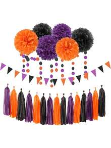 1Set Halloween Themed Baby Shower Decorations Paper Flower Pom Poms Triangle Flag Streamer Set - Multicolor - View 8