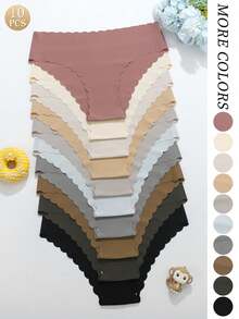 10 piezas/paquete - Bragas sin costuras con borde ondulado para mujeres, bragas sólidas cómodas y amigables con la piel para damas sexys - Multicolor 2 - Ver 1