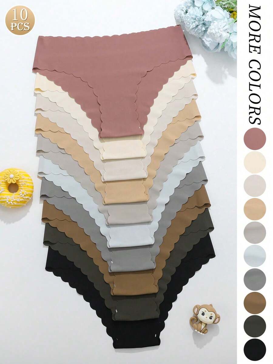 10 piezas/paquete - Bragas sin costuras con borde ondulado para mujeres, bragas sólidas cómodas y amigables con la piel para damas sexys - Multicolor 2 - Ver 1