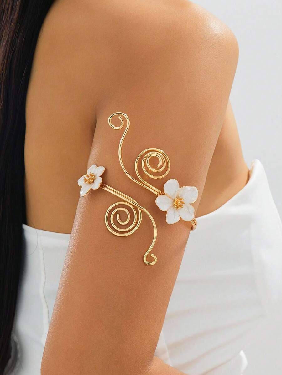 1pc Niche Vintage Gold Spiral Twisted Branch White Oil Drop Plumeria Women's Arm Cuff - White - View 1