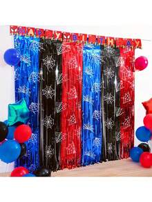 Rot Schwarz Blau Spinnen Geburtstags Party Dekoration, Spinnennetz Muster 3,3 X 6,6ft Folien Fransen Hintergrund, glänzender Garn Fotostudio Requisite, geeignet für Spinnen Party Zubehör, Halloween Party Dekoration, Horror Atmosphäre Dekoration - mehrfarbig - Übersicht 2