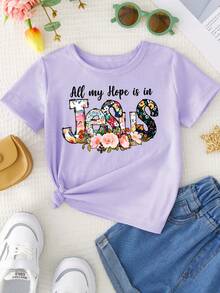 Girls' Round Neck T-Shirt With Letter And Flower Print "All My Hope Is In Jesus", Sweet And Versatile. - Purple - View 2