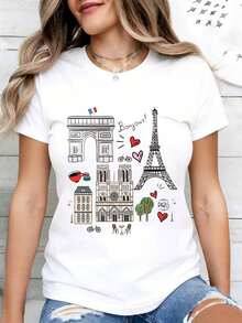 Women's T-Shirt With Heart Design, Pink Bow And Pearls, Fashionable Casual Top For Valentine's Day And Romantic Occasions - 白色 - 查看 1