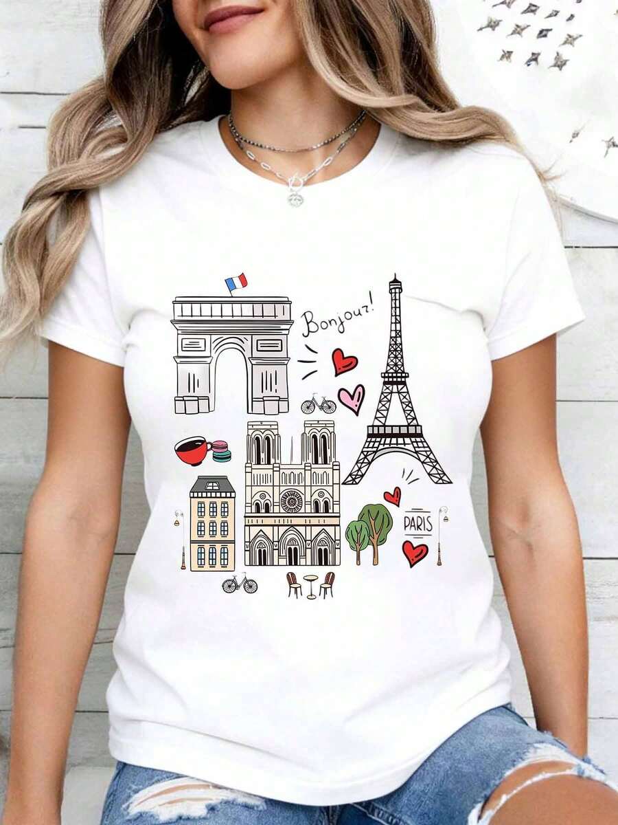 Women's T-Shirt With Heart Design, Pink Bow And Pearls, Fashionable Casual Top For Valentine's Day And Romantic Occasions - 白色 - 查看 1